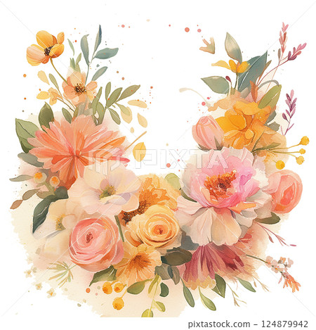 Beautiful floral arrangement featuring soft pastel colors and diverse blooms in a circular design at a sunny garden setting 124879942