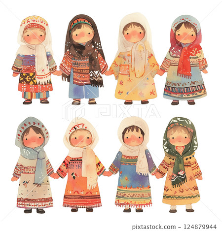 Traditional characters in colorful attire holding hands in a joyful gathering celebrating culture and community 124879944