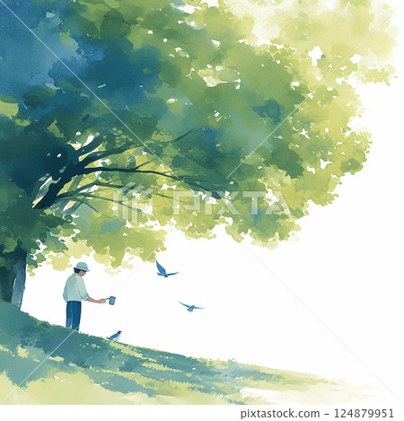 Man feeding birds under a large tree in a peaceful outdoor setting during a sunny day 124879951