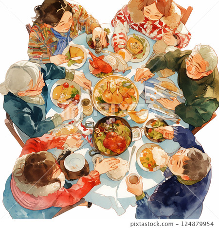 Friends gather around a table enjoying a festive meal filled with laughter and joy during a casual evening gathering 124879954