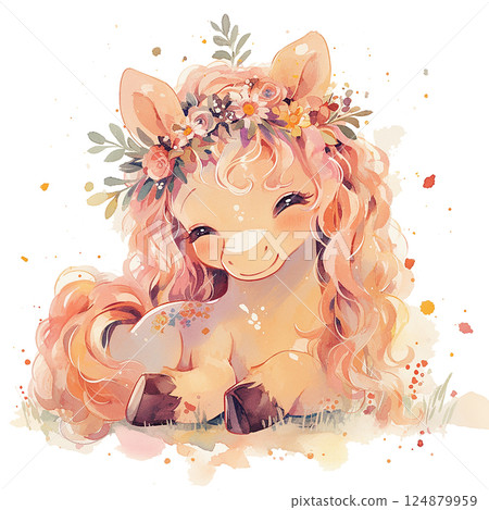Cute pony with curly hair and flower crown enjoys a sunny day in a colorful meadow filled with blossoms 124879959