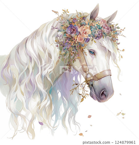 Majestic white horse adorned with floral crown in a serene pastel setting Majestic white horse adorned with floral crown in a serene pastel setting 124879961