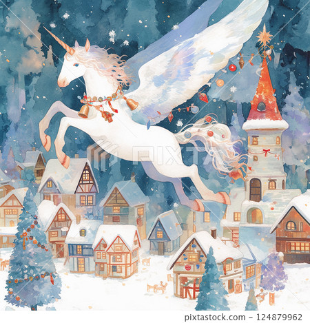 White reindeer flying over a snowy village under a starry night sky in a magical winter scene White reindeer flying over a snowy village under a starry night sky in a magical winter scene 124879962