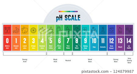 pH Scale Infographic. Color Indicator Chart with icons for Acidity and Alkalinity Levels 124879987