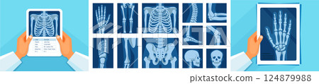 Human Skeleton and X-ray Icon Set. Medical Anatomy Vector Illustrations and Banners 124879988