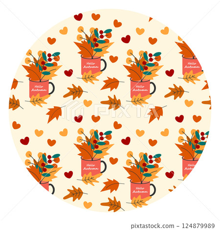 Autumn Leaves Twigs and Hello Autumn lettering on cup Hearts Fall tint Circular Background Texture 124879989