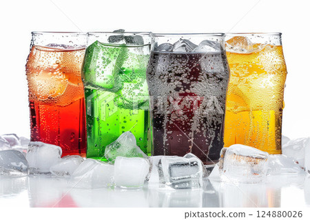 Chilled Soda Variety. Glasses of colorful sodas with effervescent bubbles, nestled in crushed ice, showcasing a refreshing array of fizzy beverages. 124880026