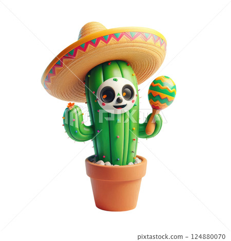 3d cartoon cactus in sambrero with maracas, on white background with space for text. Mexican Day of the Dead festival background 124880070