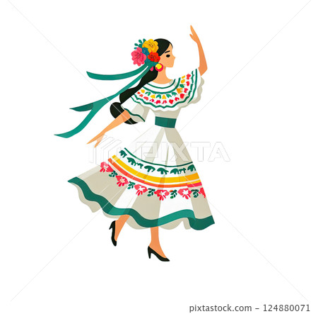 Drawing of a girl in national Mexican clothes. Girl dancing, minimalism, white background, a Mexican Day of the Dead festival background 124880071