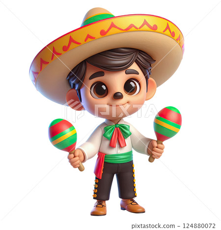 3d cartoon mexican boy in sambrero with maracas, on white background with space for text. Mexican Day of the Dead festival background 124880072