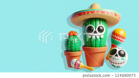 3d cartoon cactus in sambrero with maracas, on white background with space for text. Mexican Day of the Dead festival background 124880073