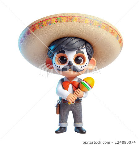 3d cartoon mexican boy in sambrero with maracas, on white background with space for text. Mexican Day of the Dead festival background 124880074
