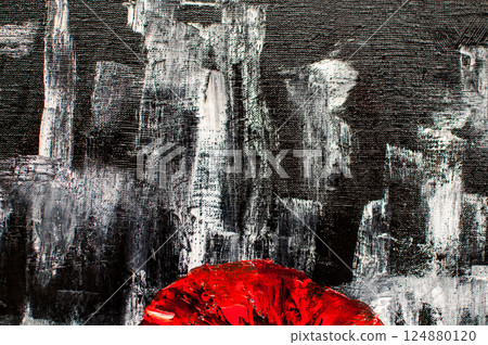 artistic black background with white and red paint blots 124880120