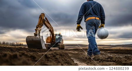 農村建築工地上的重型機械和戴著頭盔的工人 124880239