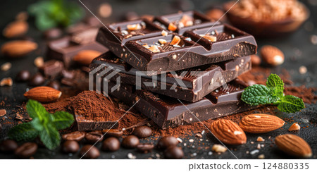 Gourmet Dark Chocolate with Almonds and Coffee Beans. A luxurious arrangement of dark chocolate pieces sprinkled with almond bits and coffee beans, garnished with fresh mint on a dark surface. 124880335