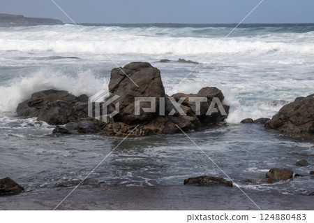 Waves and rocky Atlantic ocean coast, Spain 124880483