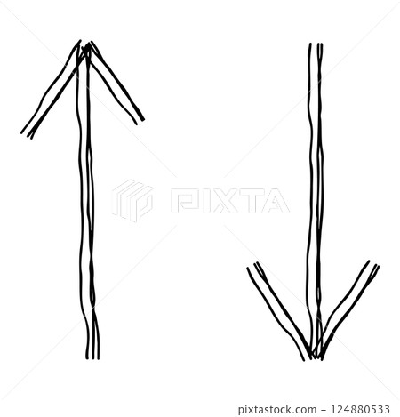 手繪上下直箭頭線圖示。具有多條重疊線的單色向量插圖。 124880533
