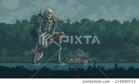 pixel art of a huge coral armored skeleton with a huge axe 124880553