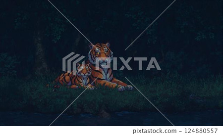 pixel art of tiger mother with her cub pixel art of tiger mother with her cub 124880557