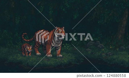 pixel art of tiger in forest 124880558