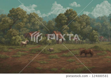 pixel art of horses grazing on pasture 124880581