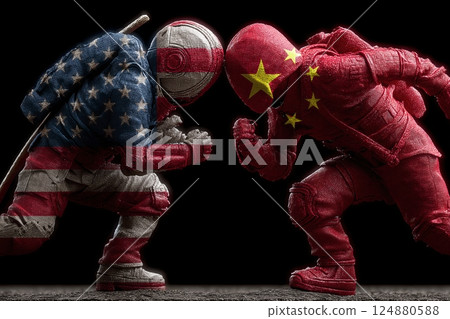 flags of usa and china are anthropomorphic characters and they are fighthing 124880588