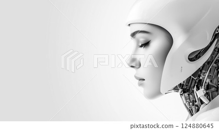 高科技合成人頭，面容優雅，機械部件清晰可見 124880645