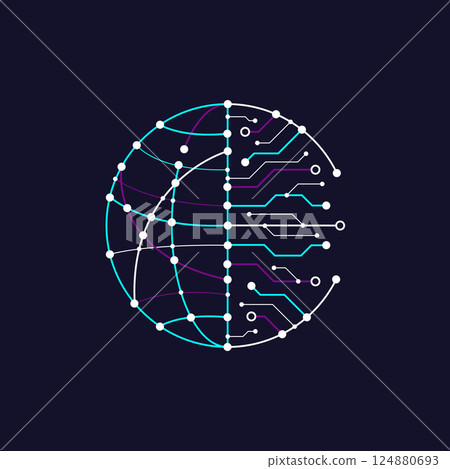 Logo of global made of circuit lines with technology big data flowing. Vector illustration 124880693
