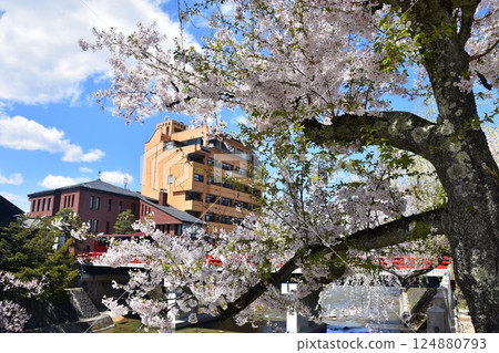 日本岐阜縣高山市的春天：盛開的櫻花、旅遊景點中橋和宮川、周圍的城市景觀和美麗的藍天 124880793