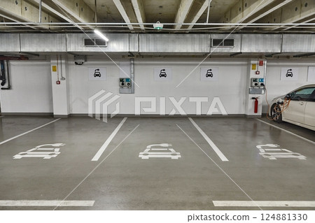 Electric car charging station in a carpark Electric car charging station in a carpark 124881330