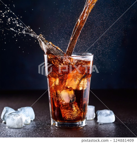 Pour soft drink in glass with ice splash on the table Pour soft drink in glass with ice splash on the table 124881409