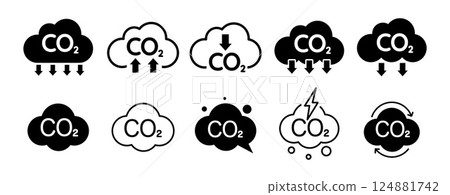 Minimal CO2 Reduction Icons. Simple Cloud-Based Eco and Emission Symbols 124881742