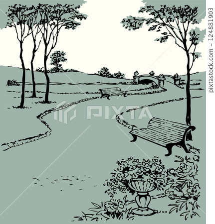 Vector landscape. Banches along the alleys of the park Vector landscape. Banches along the alleys of the park 124881903