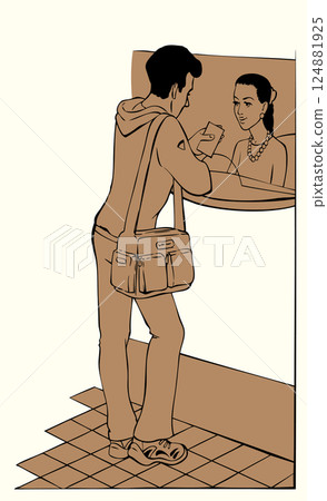Vector illustration. Dialogue between the customer and cashier Vector illustration. Dialogue between the customer and cashier 124881925