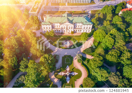 Krasinski Palace and National Library in Warsaw, Poland, view from above with green park 124881945