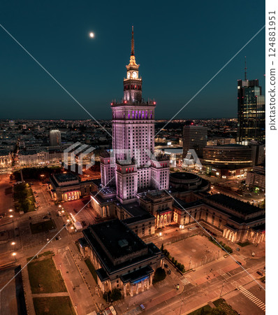 Palace of Science and Culture, Warsaw city center at night 124881951