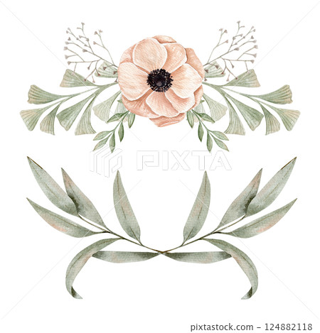 Two watercolor composition with anemones on a pink peach color and other green branches, branches of eucalyptus on savage color Two watercolor composition with anemones on a pink peach color and other green branches, branches of eucalyptus on savage color 124882118