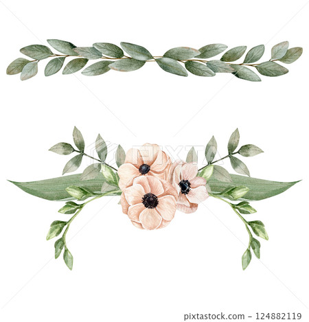 Two watercolor composition with anemones on a pink peach color, branches of eucalyptus on savage color and other green branches 124882119