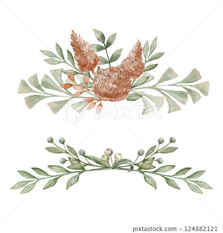 Two watercolor composition with branches on savage green color and different branches with and without berries and dry flowers on a dusty pink. 124882121