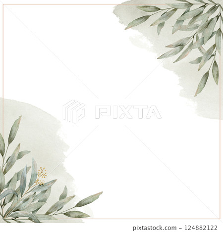 Watercolor card template with different eucalyptus branches on a savage color on a green watercolor splashes and gold frame 124882122
