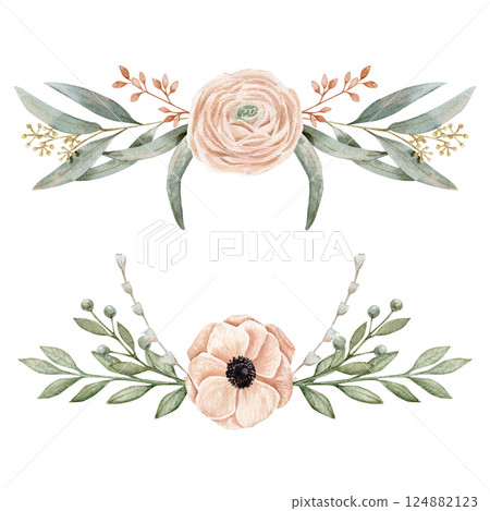 Two watercolor composition with anemone and ranunculus on a pink peach color and other green branches and berries, branches of eucalyptus on savage color. Two watercolor composition with anemone and ranunculus on a pink peach color and other green branches and berries, branches of eucalyptus on savage color. 124882123