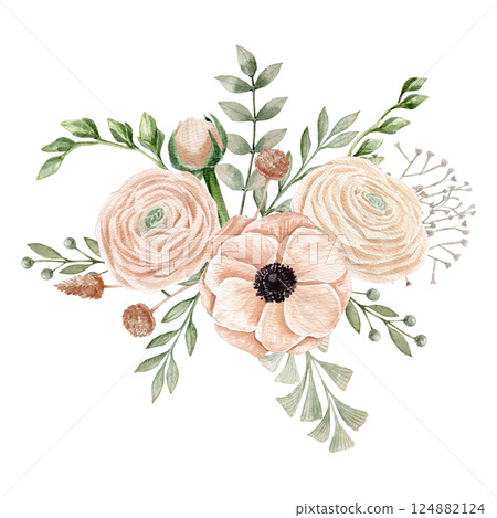 Watercolor hand drawn composition with different of peachy pink ranunculus and anemone and different savage green branches and dry flowers Watercolor hand drawn composition with different of peachy pink ranunculus and anemone and different savage green branches and dry flowers 124882124