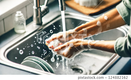 Extreme close-up of women's hands washing dishes in a modern kitchen sink with soapy water, highlighting the intricate details and textures. 124882162