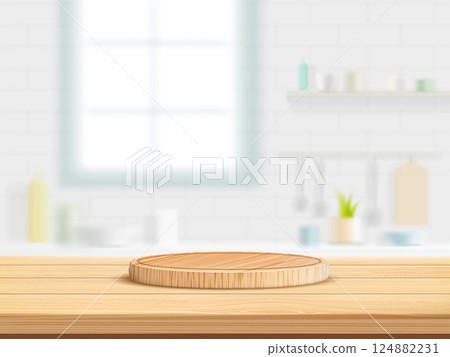 Wooden kitchen table against a defocused kitchen room 124882231