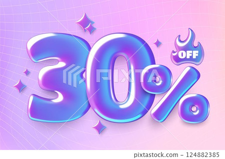 3d Sale banner with 30 percent off discount holographic number on y2k gradient background 3d Sale banner with 30 percent off discount holographic number on y2k gradient background 124882385