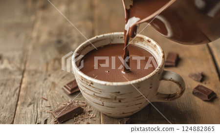 Pouring Rich Hot Chocolate into a Ceramic Cup. Velvety hot chocolate being poured into a ceramic mug, surrounded by pieces of dark chocolate on a rustic wooden table. 124882865