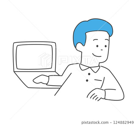 Vector illustration of a man listening to a conversation while using a computer 124882949