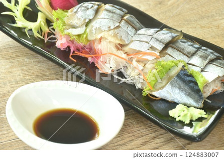 Namizen sashimi or slice saba mackerel fish Japanese food topping chop rasish dressing wasabi and shoyu soy sauce on plate  124883007