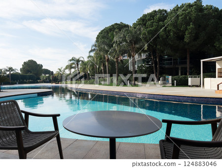 Swimming pool in hotel and resort without people for background 124883046