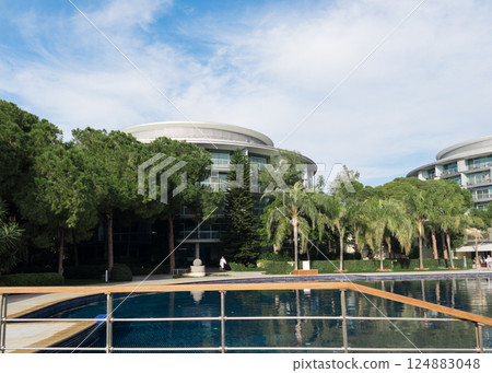 Swimming pool in hotel and resort without people for background Swimming pool in hotel and resort without people for background 124883048